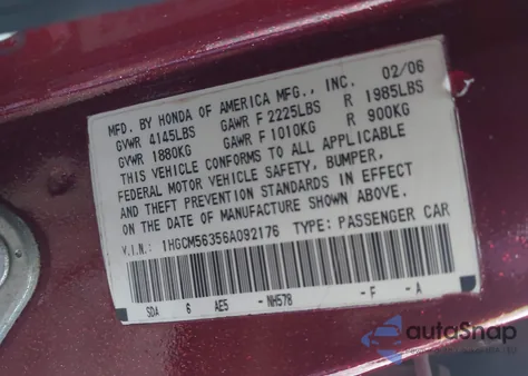 2006 Honda Accord 2.4 Se z USA, uszkodzony, nr VIN 1HGCM56356A092176